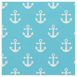 Turquoise Blue and White Nautical Anchors Pattern Fabric