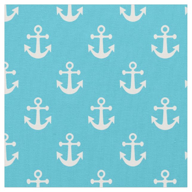 Turquoise Blue and White Nautical Anchors Pattern Fabric (Close Up)