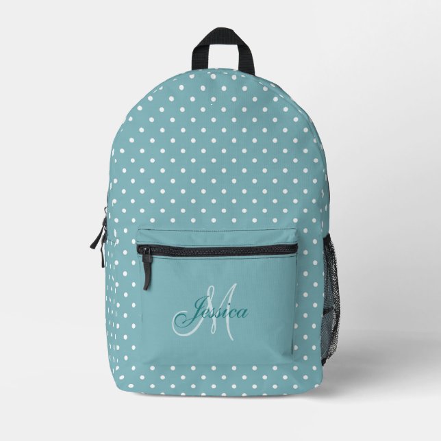 Turquoise Blue and White Polka Dots - Personalised Printed Backpack (Front)