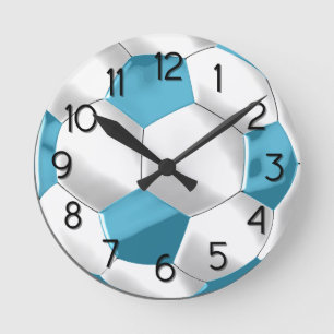 Turquoise Blue and White Soccer Ball Round Clock