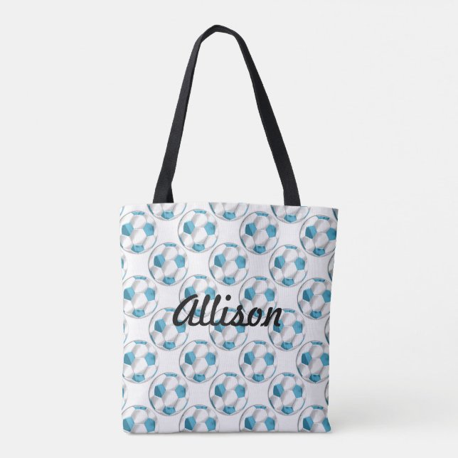 Turquoise Blue and White Soccer Balls with Name Tote Bag (Back)