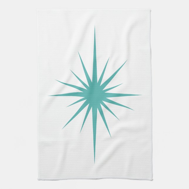 Turquoise Blue Atomic Star Mid Century Hand Towel (Vertical)