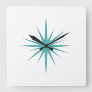 Turquoise Blue Atomic Starburst Mid Century Modern Square Wall Clock