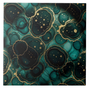 Turquoise Blue, Black and Gold Alcohol Ink Ceramic Tile