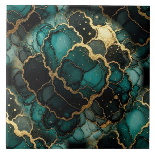 Turquoise Blue, Black and Gold Alcohol Ink Ceramic Tile