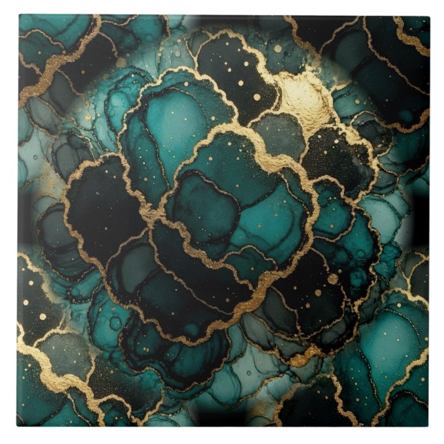 Turquoise Blue, Black and Gold Alcohol Ink Ceramic Tile (Front)