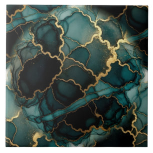Turquoise Blue, Black and Gold Alcohol Ink Ceramic Tile