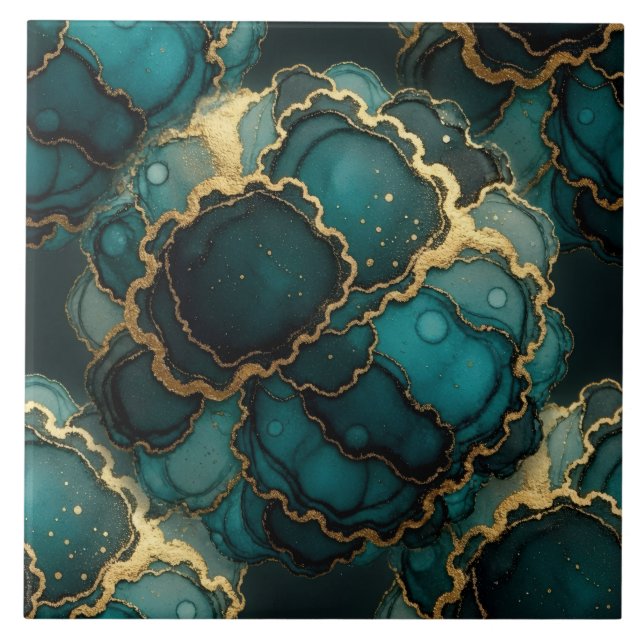 Turquoise Blue, Black and Gold Alcohol Ink Ceramic Tile (Front)