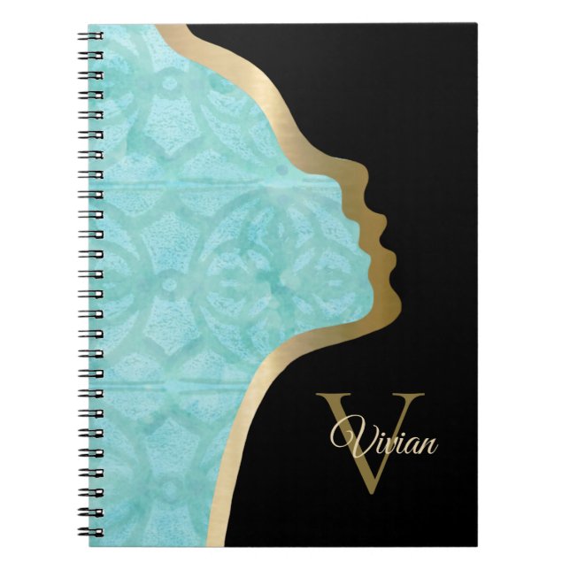Turquoise Blue Black And Gold Face Notebook (Front)