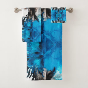 Turquoise Blue, Black and White Abstract Bath Towel Set