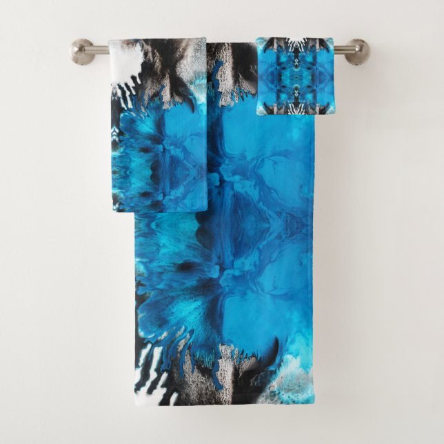 Turquoise Blue, Black and White Abstract Bath Towel Set (Insitu)
