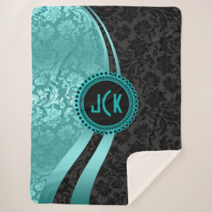 Turquoise-Blue & Black Damasks Geometric Design Sherpa Blanket