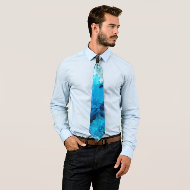 Turquoise Blue, black, White Paint Splatter Tie (In Situ)