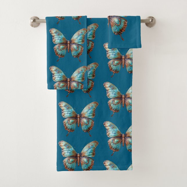 Turquoise Blue Butterflies Bath Towel Set (Insitu)