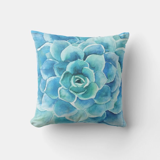 Turquoise-blue Cactus Illustration Cushion (Front)