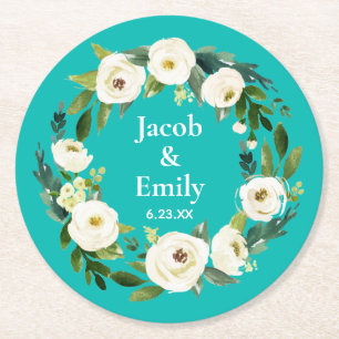 Turquoise Blue Chic Greenery Personalised Wedding Round Paper Coaster