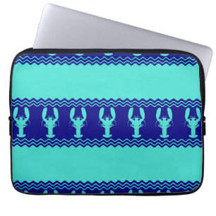 Turquoise Blue Coastal Lobster Stripes Laptop Sleeve