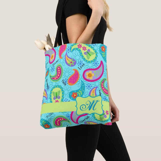 Turquoise Blue Colourful Modern Paisley Monogram Tote Bag (Close Up)