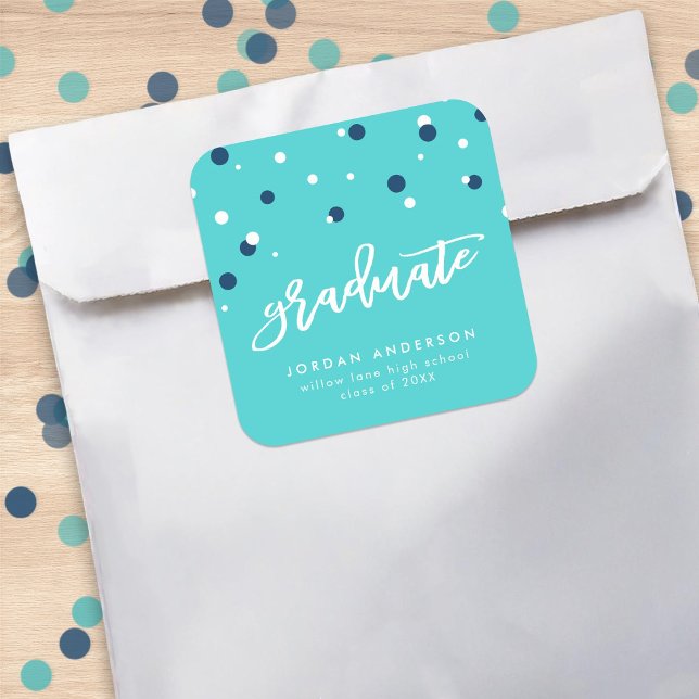 Turquoise Blue Confetti Graduate Graduation Square Sticker (Creator Uploaded)