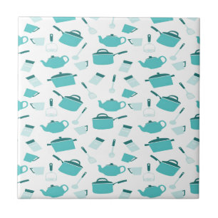 Turquoise Blue Cooking Kitchen Utensils Abstract Ceramic Tile
