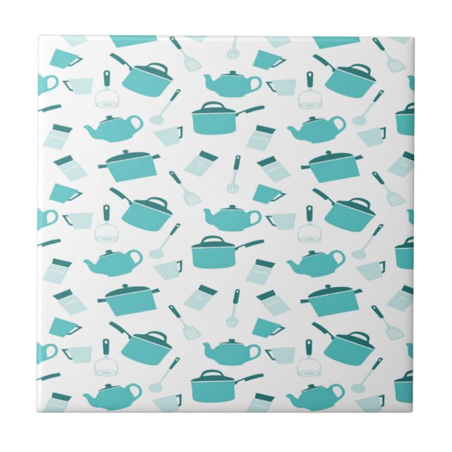 Turquoise Blue Cooking Kitchen Utensils Abstract Ceramic Tile (Front)