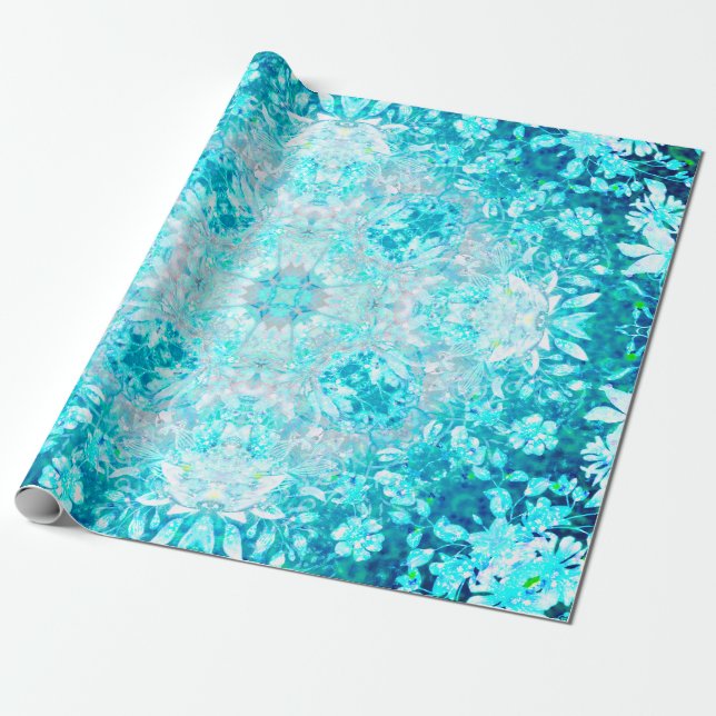 Turquoise Blue Crystal Floral Pattern Wrapping Paper (Unrolled)