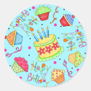 Turquoise Blue Cupcakes and Cake Happy Birthday Classic Round Sticker