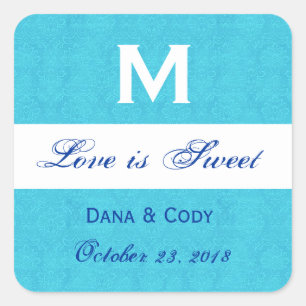 Turquoise Blue Damask Wedding Monogram Square Sticker