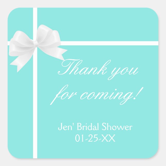Turquoise Blue Diamond Bow Bridal Shower Favour Square Sticker (Front)