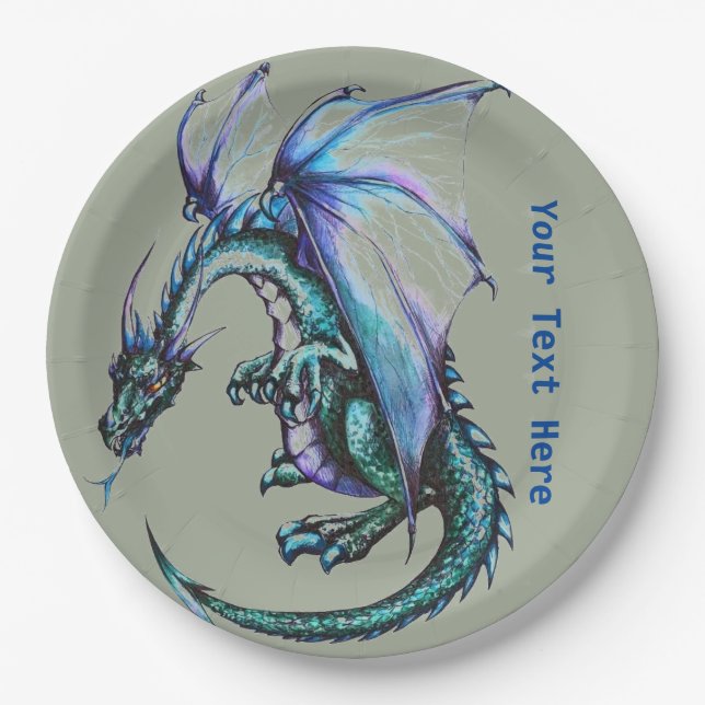 Turquoise blue Dragon Party Paper Products Plate (Front)