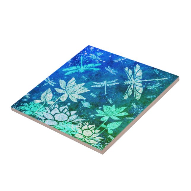 Turquoise Blue Dragonflies Flowers Cearmic Tile (Side)