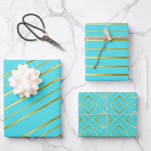 Turquoise Blue Elegant Gold-Striped  Wrapping Paper Sheet