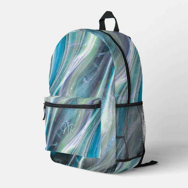    Turquoise Blue Elegant Marble Add Your Monogram Printed Backpack (Back Corner Right)
