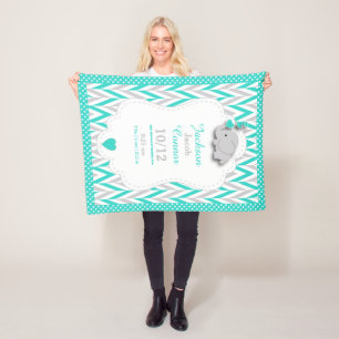 Turquoise Blue Elephant Birth Keepsake Design Fleece Blanket