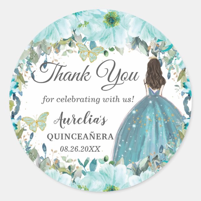 Turquoise Blue Floral Butterflies Princess Favour Classic Round Sticker (Front)