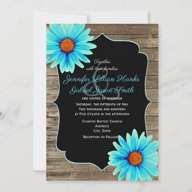 Turquoise Blue floral, chalkboard wood wedding Invitation (Front)