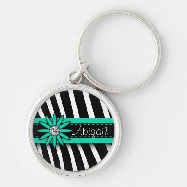 Turquoise Blue Floral Gem & Zebra Pattern Key Ring (Front)