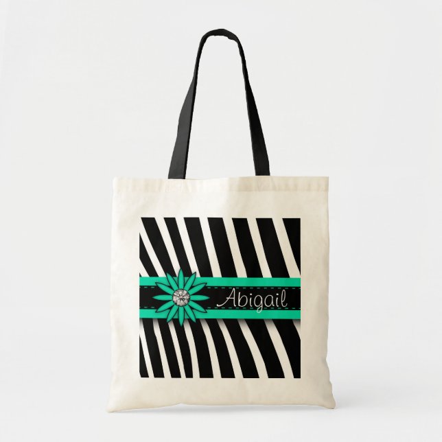 Turquoise Blue Floral Gem & Zebra Pattern Tote Bag (Front)