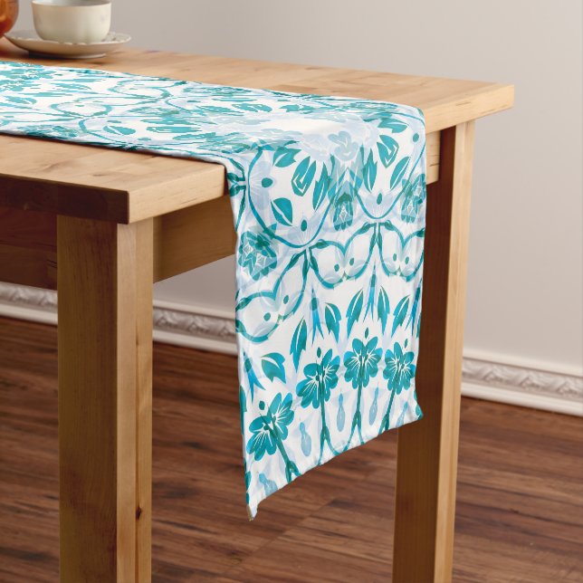 Turquoise Blue Floral Mandala Medium Table Runner (In Situ)