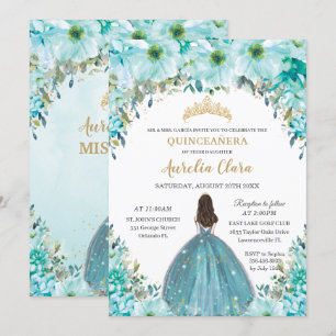 Turquoise Blue Floral Princess Crown Quinceañera Invitation