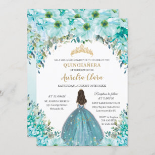 Turquoise Blue Floral Princess Crown Quinceañera Invitation