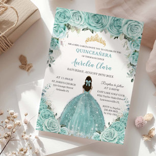 Turquoise Blue Floral Princess Gold Quinceañera Invitation