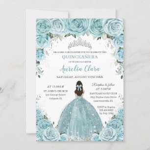 Turquoise Blue Floral Princess Silver Quinceañera Invitation