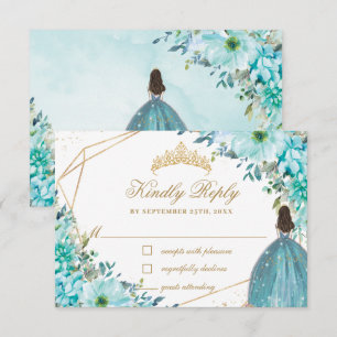 Turquoise Blue Floral Quinceañera Gold Princess RSVP Card