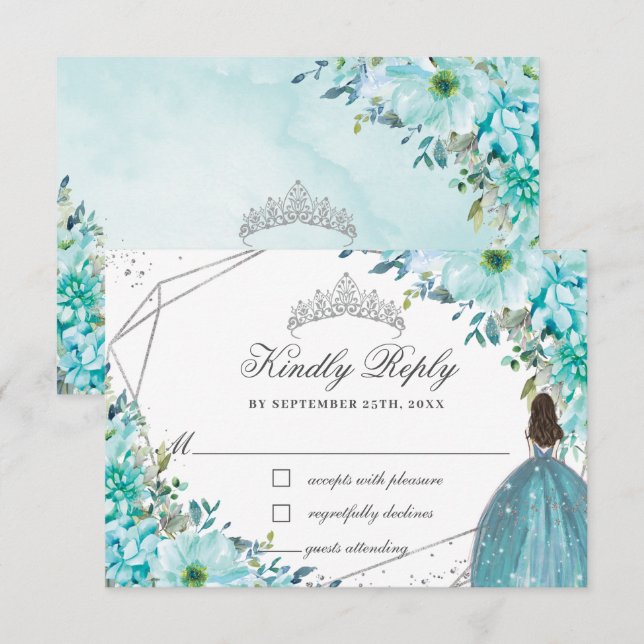 Turquoise Blue Floral Quinceañera Silver Princess RSVP Card (Front/Back)