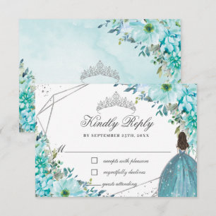 Turquoise Blue Floral Quinceañera Silver Princess RSVP Card
