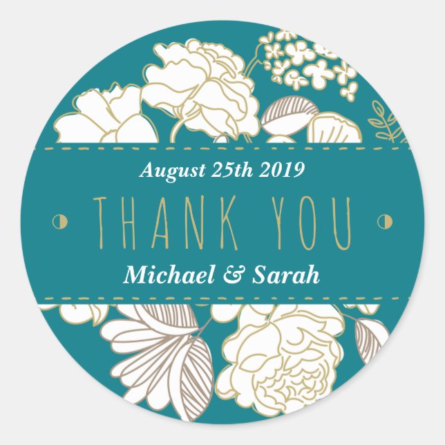 Turquoise Blue Flower Garden Wedding Favour Sticke Classic Round Sticker (Front)