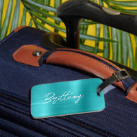 Turquoise Blue Foil Modern Brush Script First Name