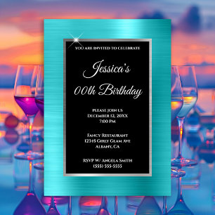 Turquoise Blue Foil Silver and Black Birthday Invitation
