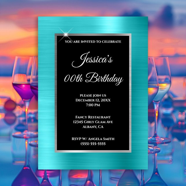Turquoise Blue Foil Silver and Black Birthday Invitation (Turquoise Blue Foil Silver and Black Any Year Invite)